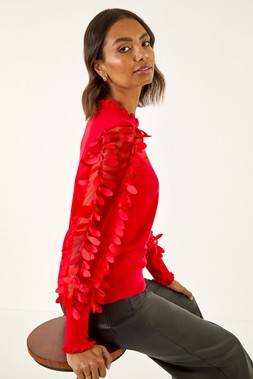 Roman Red Sheer Feather Sleeved Jumper