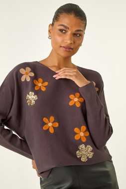 Roman Dark Brown Floral Sequin Embroidery Knit Jumper