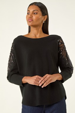 Roman Black Embellished Sleeve Knit Jumper
