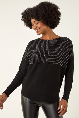 Roman Black Embellished Stripe Knit Jumper