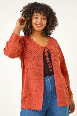 Roman Curve Red Crochet Tie Front Cardigan