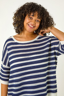 Roman Curve Navy Crochet Stripe Knit Top