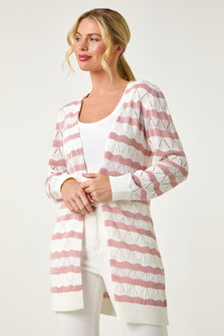 Roman Petite Light Pink Stripe Pointelle Knit Cardigan