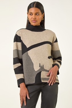 Roman Beige Abstract Knit High Neck Jumper