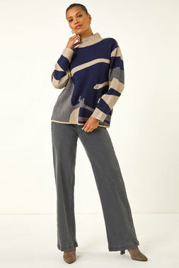 Roman Navy Abstract Knit High Neck Jumper