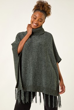 Roman Dark Green Tassle Trim Knit Poncho
