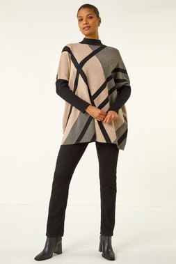 Roman Beige Plaid Asymmetric Knit Poncho