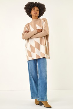 Roman Natural Geometric Plaid Knit Poncho