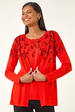 Roman Red Embellished Print Knit Set