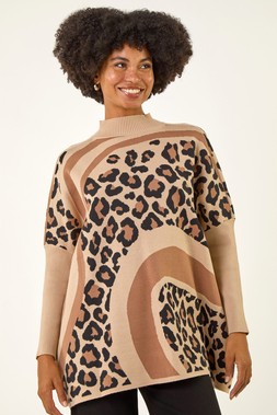 Roman Tan Abstract Leopard Knit Jumper