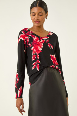 Roman Black Floral Print V-Neck Knit Jumper