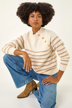 Roman Ivory Stripe Buttoned Shoulder Knit Jumper