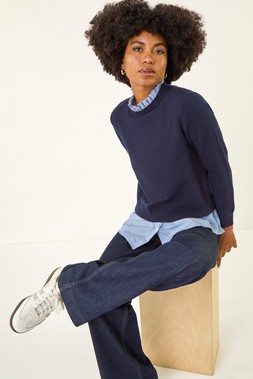 Roman Navy Stripe Mock Shirt Knit Jumper