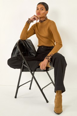 Roman Tan Leopard Ruffle Trim Jumper