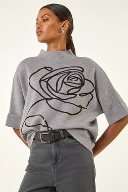 Roman Grey Rose Motif High Neck Knit Jumper