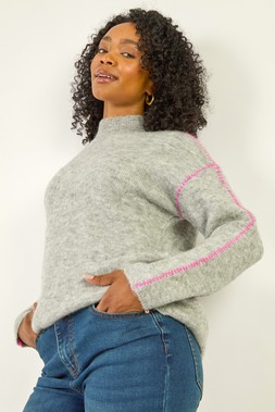 Roman Petite Grey Contrast Stitch Knit Jumper