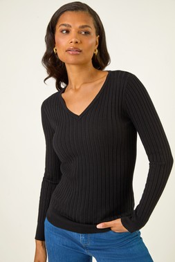 Roman Black V-Neck Ribbed Knit Jumper