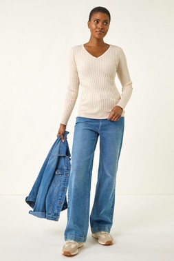 Roman Ivory V-Neck Ribbed Knit Jumper