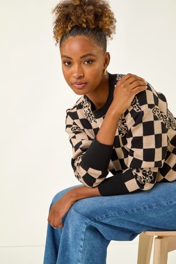 Roman Black Checkered Pearl Embellished Knit Jumper