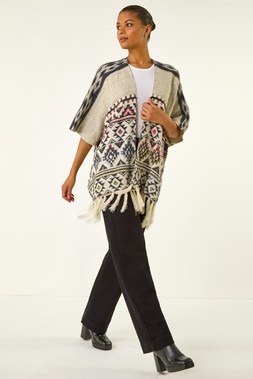 Roman Natural Jacquard Tassel Trim Poncho