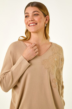 Roman Beige Floral Sequin V-Neck Knit Jumper