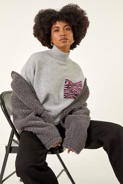 Roman Light Grey Animal Print Pocket Knit Jumper
