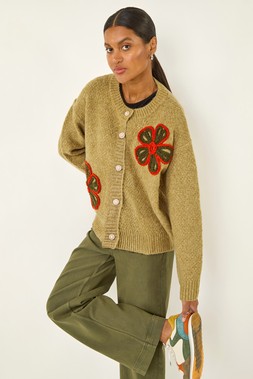 Roman Green Flower Embroidered Button Cardigan
