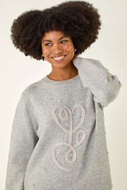 Roman Light Grey Embellished Heart Knit Jumper