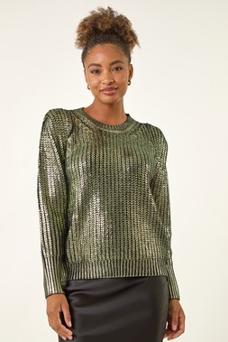 Roman Green Metallic Crew Neck Knit Jumper