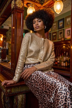 Roman Natural Woven Animal Print Satin Skirt