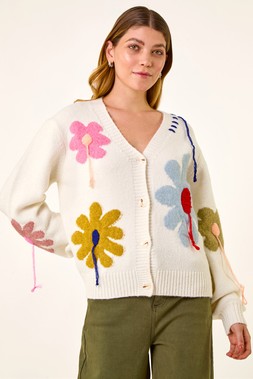 Roman Ivory Floral Stitch Knit Cardigan
