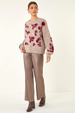 Roman Taupe Floral Crew Neck Knit Jumper