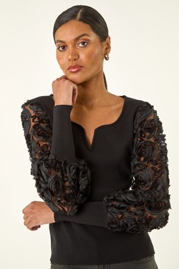 Roman Black Floral Lace Sleeve V-Neck Knit Top