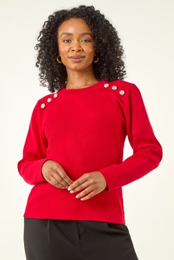 Red Petite Button Shoulder Knit Jumper