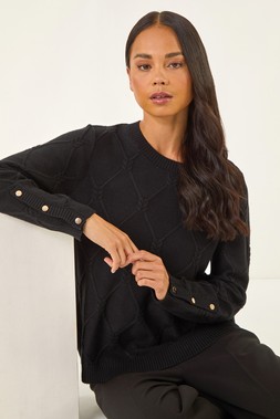 Roman Petite Black Button Cuff Knit Jumper