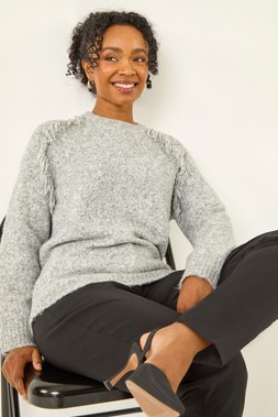 Roman Petite Grey Fringe Shoulder Knit Jumper