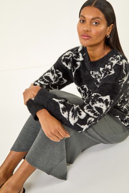 Roman Black Fluffy Floral Knit Jumper