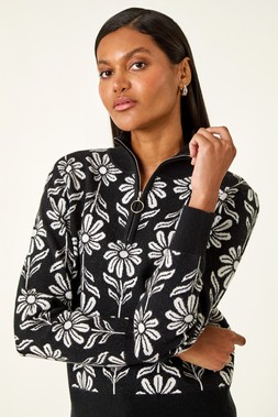 Roman Black Floral Zip Front Jumper