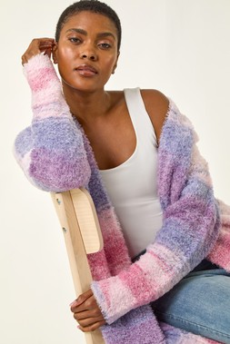 Roman Pink Fluffy Stripe Longline Cardigan