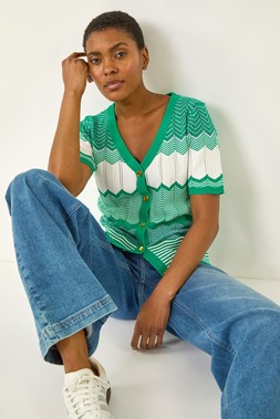 Roman Green Wave Stitch Button Knit Jumper