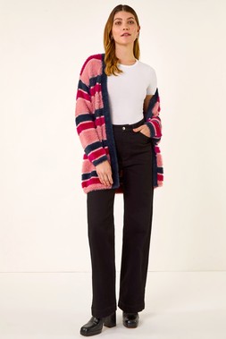 Roman Pink Fluffy Stripe Knit Cardigan