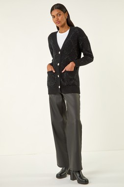 Roman Black Longline Tinsel Knit Cardigan