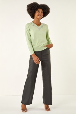 Roman Pale Green V-Neck Embellished Trim Jumper