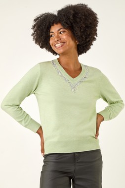 Roman Pale Green V-Neck Embellished Trim Jumper