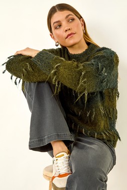 Roman Dark Green Tassel Stripe Crew Neck Jumper