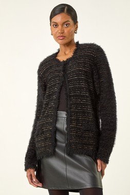 Roman Black Fluffy Textured Knit Cardigan