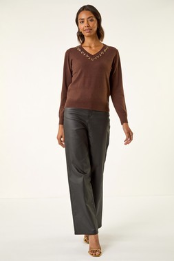 Roman Chocolate V-Neck Sparkly Knit Jumper