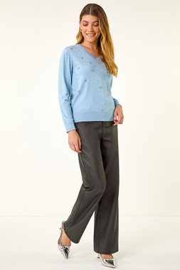 Roman Light Blue V-Neck Flower Hotfix Jumper