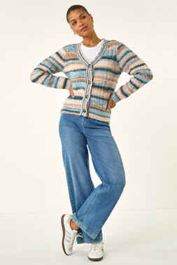 Roman Light Blue Stripe Buttoned Cable Knit Cardigan