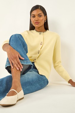 Roman Light Yellow Contrast Stitch Knit Cardigan